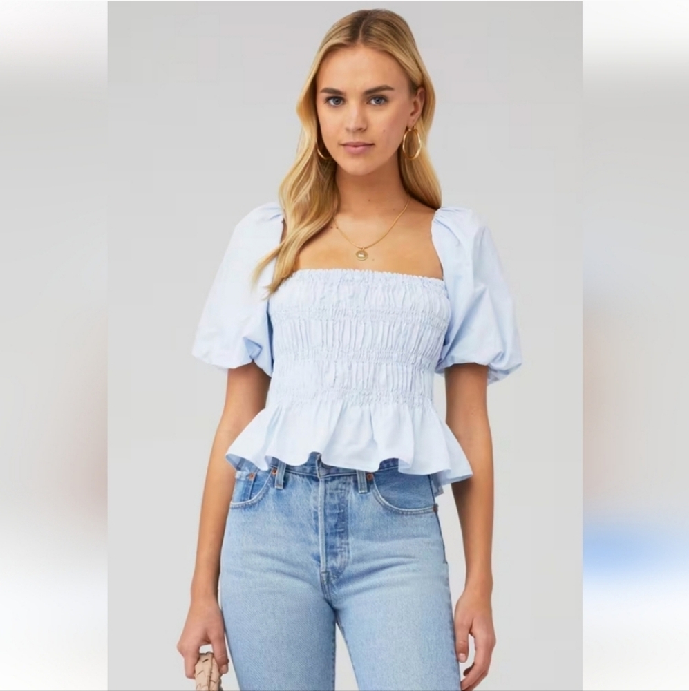 Smocked Squareneck Peasant Blouse (Blue S)